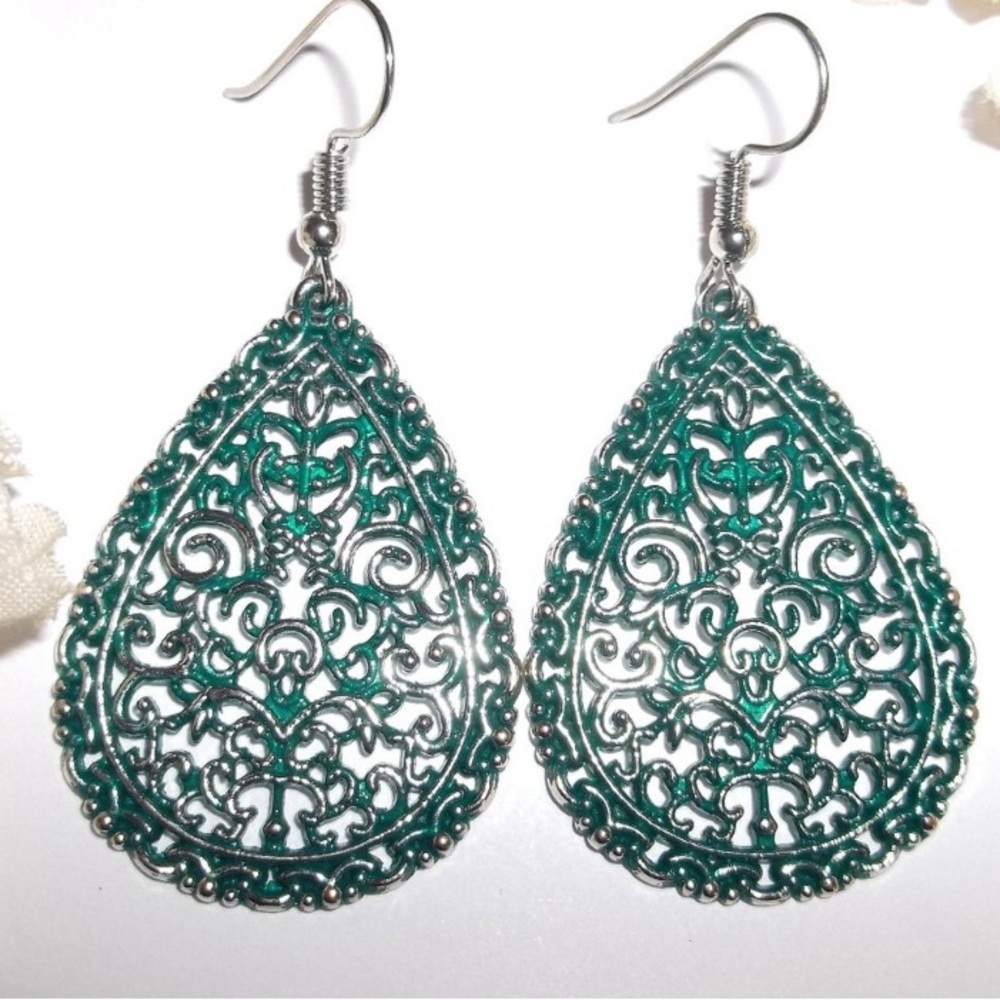 Earrings Teal Green and Silver Teardrop Statement Costume Jewelry Set Drop C131